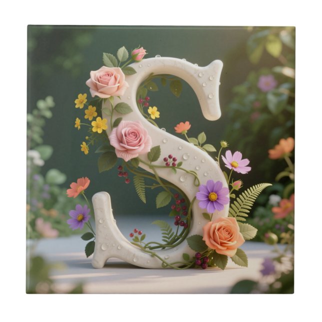Carreau Jardin Floral Blanc Monogramme Lettre S (Devant)