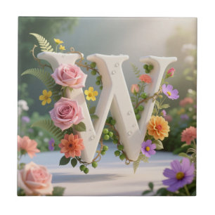 Carreau Jardin Floral Blanc Monogramme Lettre W