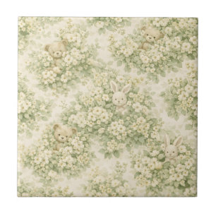 Carreau Jardin Floral de Lapin Ours Motif Vert Neutre