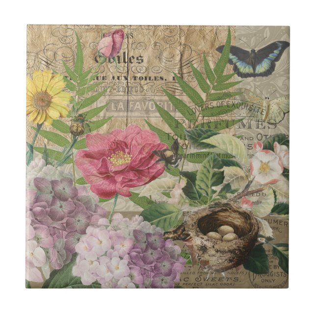 Carreau Jardin Floral de Nid d'Oiseau Art Papillon Fleur (Devant)