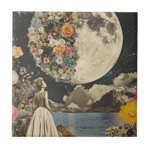 Carreau Jardin Floral Suréaliste de Lune Sépia Vintage