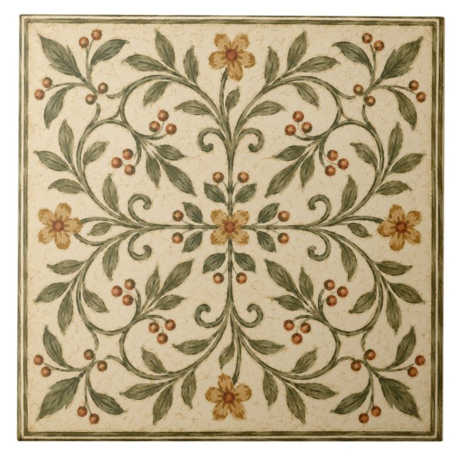 Carreau Jardin italien floral vert olive orné (Devant)