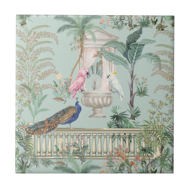 Carreau Jardin Mughal Perroquet Paon Forêt Tropicale (Devant)