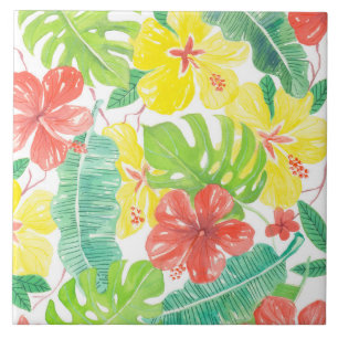 Carreau Jardin tropical, plumeria hibiscus et feuilles de