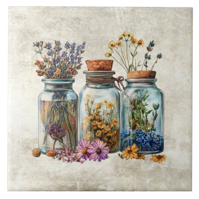 Carreau Jars aquarelle rustiques avec herbes et fleurs (Devant)