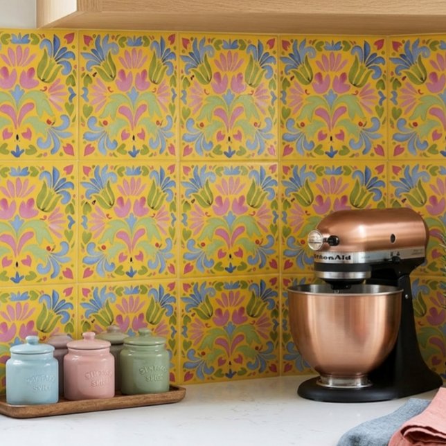 Carreau Jaune Ensoleillé et Floral Bleu (Créateur téléchargé)
