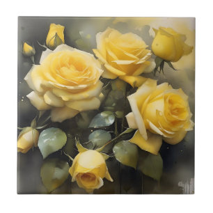 Carreau Jaune joli jardin rose aquarelle peinture