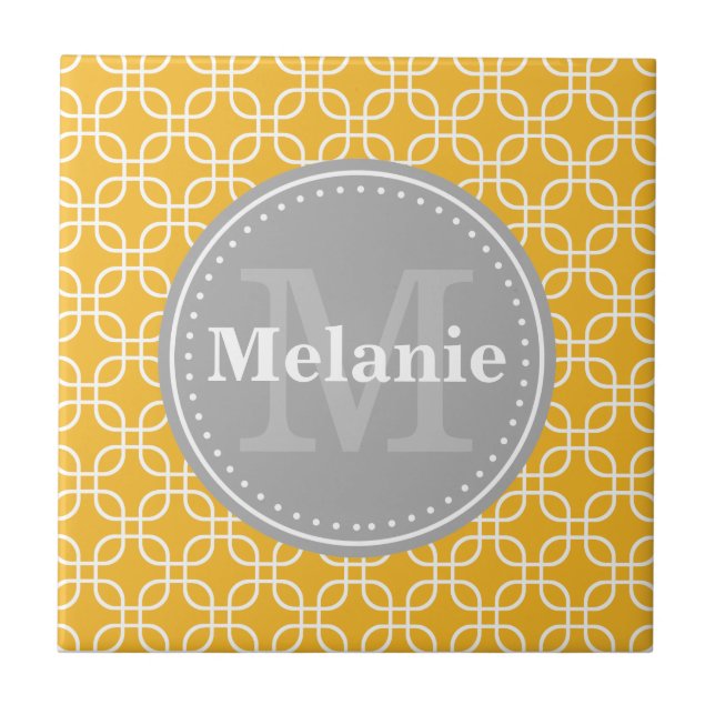 Carreau Jaune moderne Carré Motif gris Monogramme (Devant)