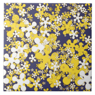 Carreau jaune moutarde, blanc, or, bleu marine, fleurs