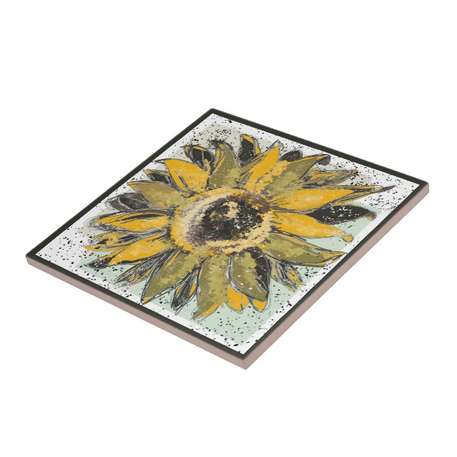 Carreau Jaune Tournesol Vert Noir Style d'aquarelle Art (Côté)