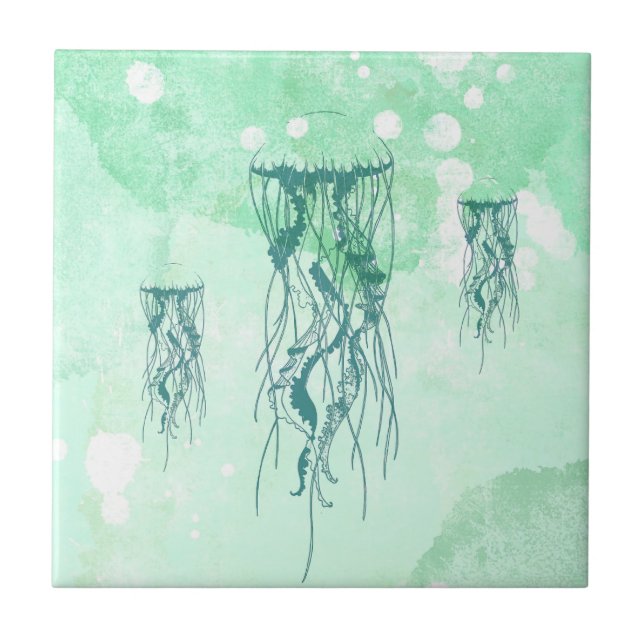 Carreau Jellyfish bleu aquarelle inspiré de l'océan (Devant)