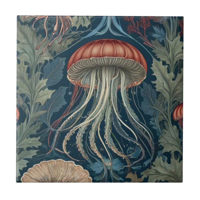 Carreau Jellyfish William Morris style Sea Ocean Life (Devant)
