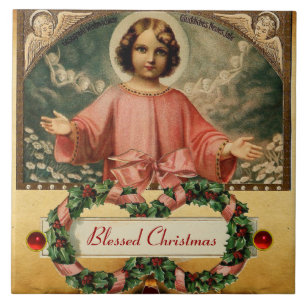 CARREAU JÉSUS ENFANT AUX ANGES ET COURONNES DE NOËL