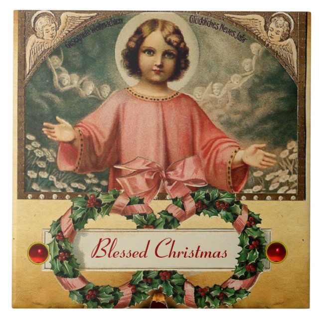 CARREAU JÉSUS ENFANT AUX ANGES ET COURONNES DE NOËL (Devant)