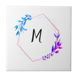 Carreau jeté de monogramme abstrait floral cercle bleu ros