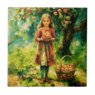 Carreau Jeune fille dans un Apple Orchard
