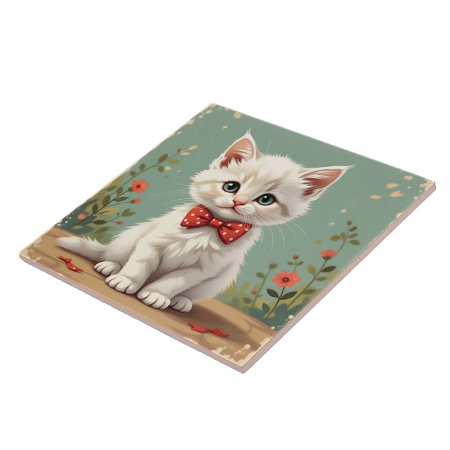 Carreau Joli adorable chat blanc avec noeud papillon (Côté)