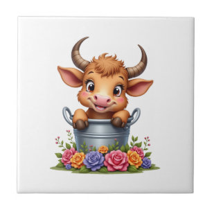 Carreau Joli bébé vache des Highlands avec fleurs Veau Ani