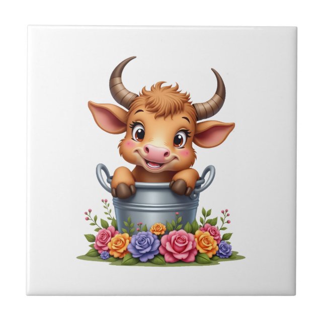 Carreau Joli bébé vache des Highlands avec fleurs Veau Ani (Devant)
