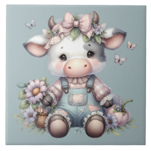 Carreau Joli bébé vache pastel en salopette avec des fleur
