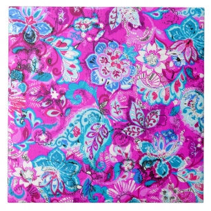 Carreau Joli bleu rose fleurs motif