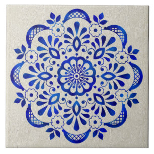 Carreau Joli Carrelage en céramique Mandala Floral Bleu.