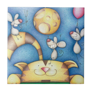 Carreau Joli chat et souris lunaires fantaisistes Art
