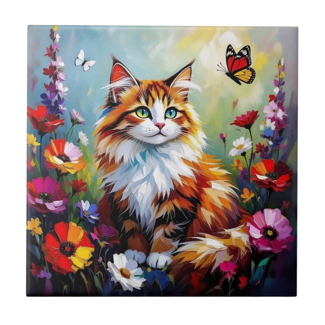 Carreau Joli Chat Fantaisiste, Fleurs et Papillons (Devant)