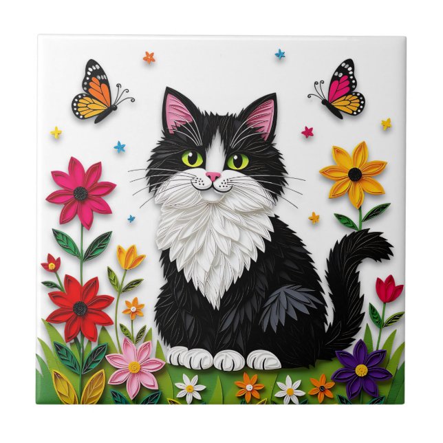 Carreau Joli chat noir et blanc, fleurs et papillons (Devant)