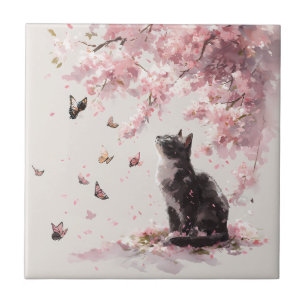 Carreau Joli chat noir et papillon sous les sakura roses