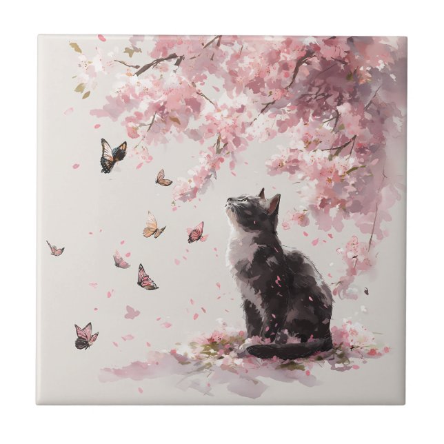 Carreau Joli chat noir et papillon sous les sakura roses (Devant)