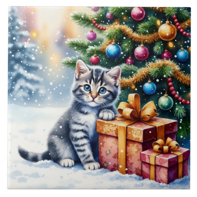 Carreau Joli Chaton Sous l'Arbre de Noël (Devant)