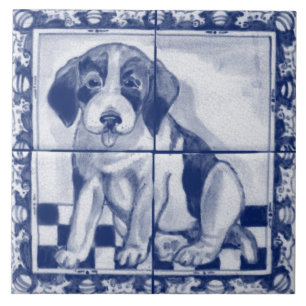 Carreau Joli Chien Chien Bleu Blanc Dedham Delft Trivet
