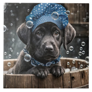 Carreau Joli chiot Labrador noir en bain moussant au spa