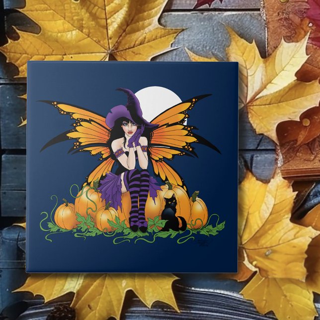 Carreau Joli citrouille de fée d'Halloween avec chat noir (Créateur téléchargé)