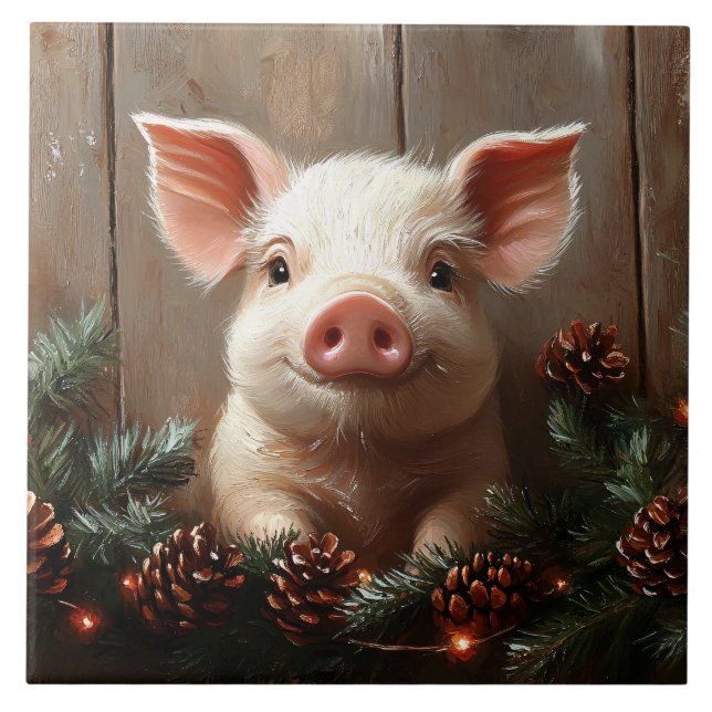 Carreau Joli Cochon de Noël Peinture rustique (Devant)