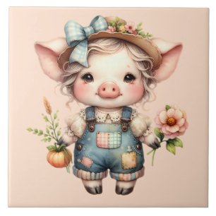 Carreau Joli cochon Farmcore en salopette avec des fleurs