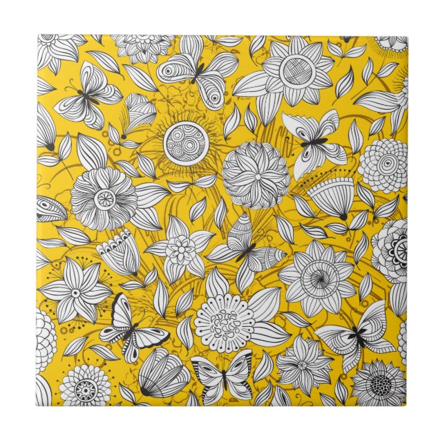 Carreau Joli design abstrait floral blanc jaune (Devant)