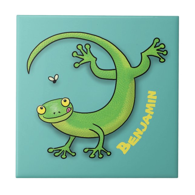 Carreau Joli gecko vert salutations avec dessin animé (Devant)