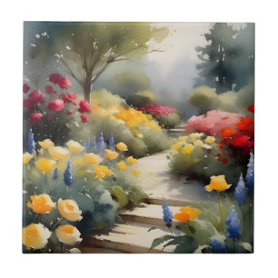 Carreau Joli Jardin aux roses rouges fleurs bleues