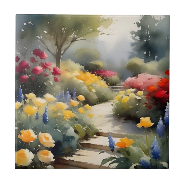 Carreau Joli Jardin aux roses rouges fleurs bleues (Devant)