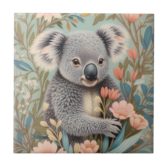 Carreau Joli Koala Élégante Florale Pastel (Devant)