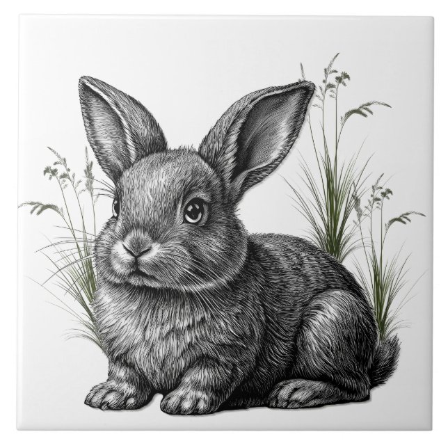 Carreau Joli lapin gris parmi les herbes (Devant)
