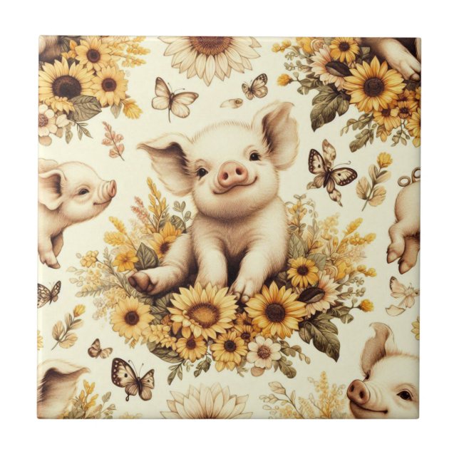 Carreau Joli Motif de cochon de tournesol Vintage (Devant)