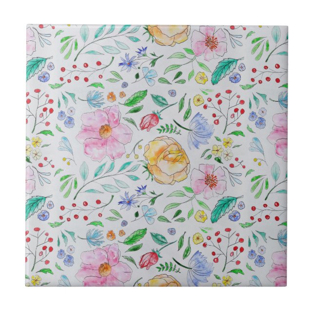 Carreau Joli motif de fleurs et de bourgeons à l'aquarelle (Devant)