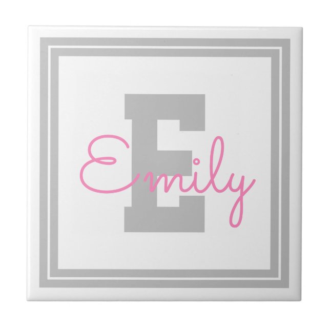 Carreau Joli nom encadré & monogramme | Gris clair & Rose (Devant)