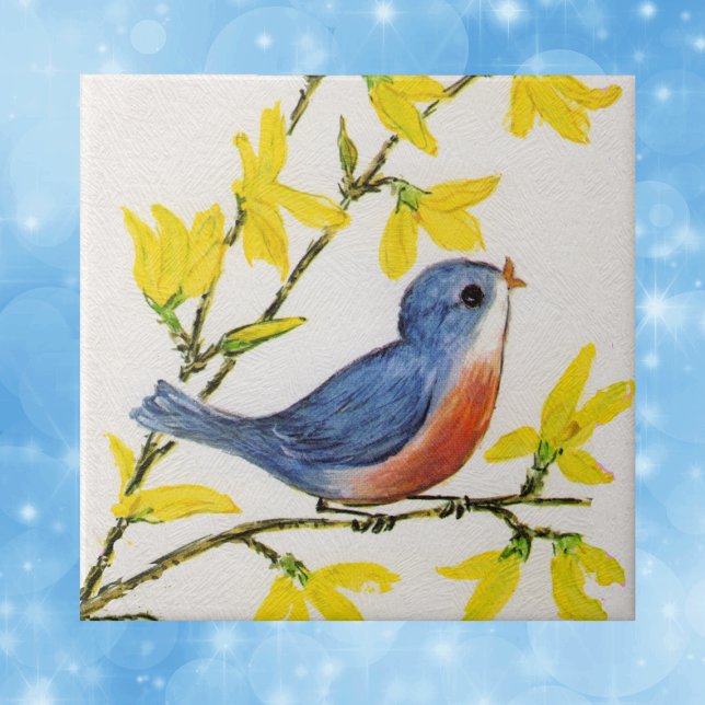 Carreau Joli Oiseau Bleu Chantant Branche d'Arbre (Sweet blue red bird on branch yellow flowers on faux textured white decorative tile.)