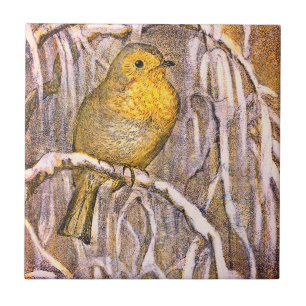 Carreau Joli oiseau Robin vintage sur une branche enneigée