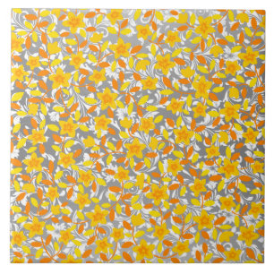 Carreau Joli orange jaune fleurs blanches motif