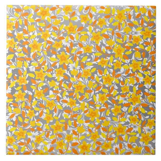Carreau Joli orange jaune fleurs blanches motif (Devant)